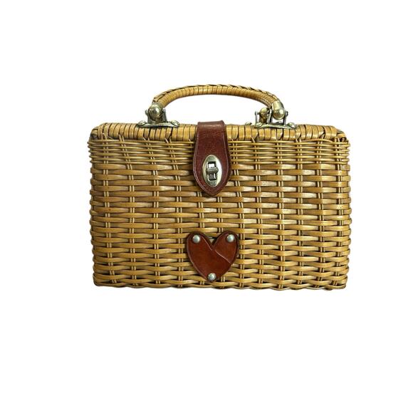 Vintage Lucky Bag Turn Lock Wicker Purse Leather Trim Heart Boho Fabric Lined - Picture 1 of 10
